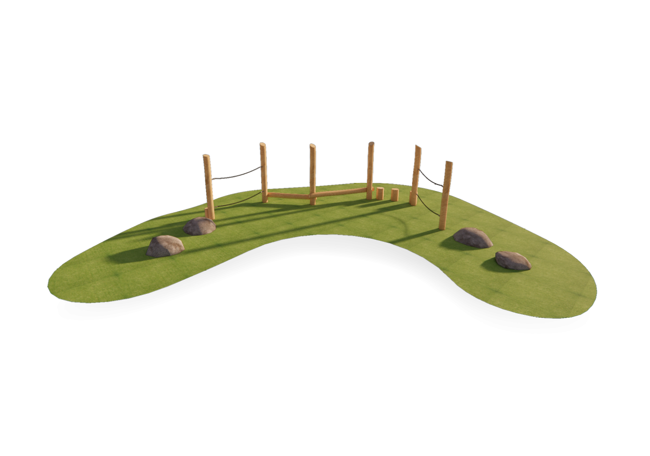Balanceerparcours laag Bengel van Speelpracht biedt jonge kinderen een speelse uitdaging met houten balken en balanceerelementen.